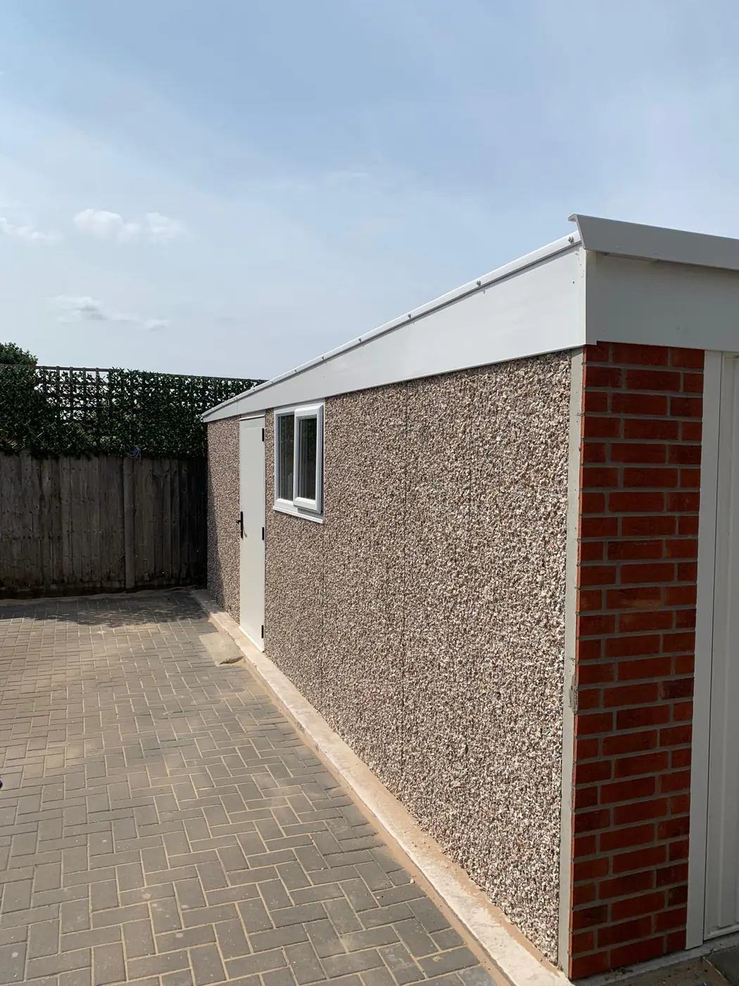 Completed pebbledash garage, side elevation