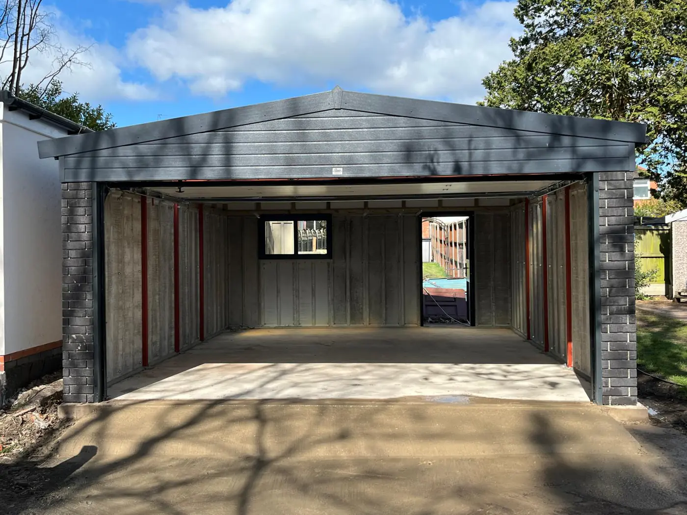 Steel frame double garage under construction